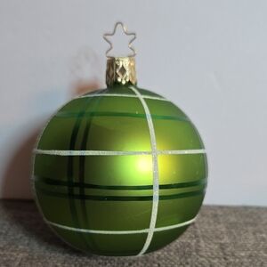 Inge-Glas Germany Glass Green White Glitter Plaid Holiday Ornament